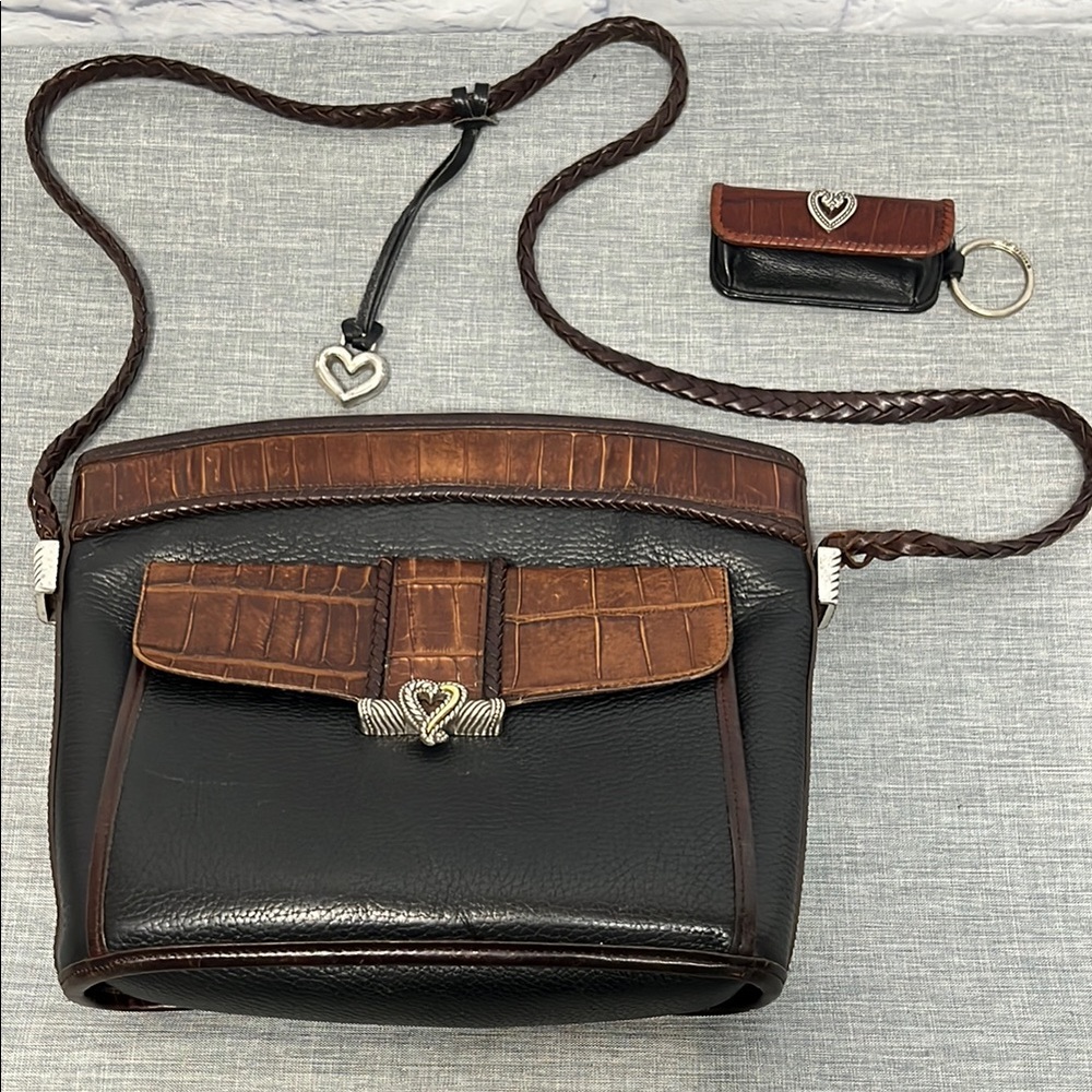 Brighton Vintage Bucket Purse Black Brown Croc Embossed Leather.
